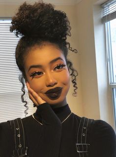 Afro Goth Makeup, Afro Goth, Hair Afro, Black Lipstick, Alternative Makeup, Black Makeup, Curtain Bangs, Girls Makeup