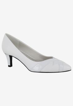 A chic graphic overlay with material interest adorns the stylish vamp of this polished pump. Complete with a tapered toe shape and feminine heel for a timeless and flattering silhouette.  Synthetic upper with tapered toe shape  Fabric liningFoam footbedEasy flex outsole for all-day comfort 2 1/4" heelClassic tapered toe pumps available in full and half sizes 7-10, 11, 12 M; 7-10, 11, 12 W; 7-10, 11 WW | Wide Width Women's Jenna Pump  by Easy Street in White (Size 7 W) Fitted Kitten Heels With Wrapped Heel, Elegant Synthetic Kitten Heels For Work, Elegant White Synthetic Kitten Heels, Formal Synthetic Kitten Heels, Formal Synthetic Kitten Heels Medium Width, Elegant Synthetic Kitten Heels For Formal Occasions, Classic Heels With Wrapped Heel, Classic Fitted Heels With Wrapped Heel, Formal Synthetic Kitten Heels With Almond Toe