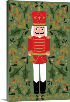 a christmas nutcracker is standing in front of holly - tree branches and berries