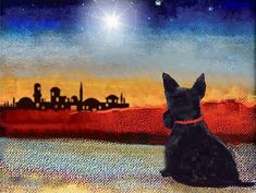 a painting of a dog sitting in front of a night sky with the moon and stars above it