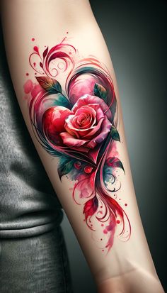 a woman's arm with a rose and leaves tattoo design on the left forearm