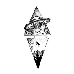 an alien flying through the air over trees and mountains in a triangle shaped tattoo design