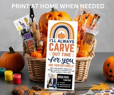 a basket filled with pumpkins and candy next to a sign that says i'll always carve out time for you