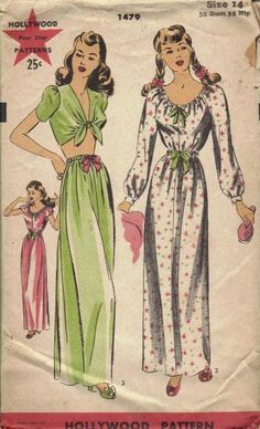 Hollywood 1479 | via Vintage Pattern Wiki. Tropical Hygge, Vintage Housecoat, Hollywood Patterns, Fashion Pajamas, Vintage Sketches, 1940s Hollywood, 50s Glamour, 1940's Fashion, Sewing Vintage