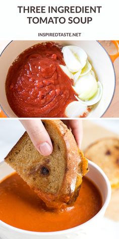 there are three different types of tomato soup in the bowl and one is being dipped with bread