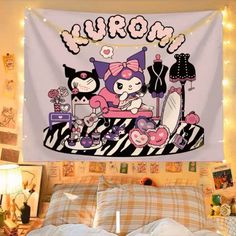 an image of a bedroom with a hello kitty wall hanging