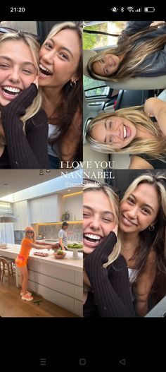 two beautiful young women smiling and posing for the camera in front of a kitchen counter