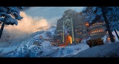 a painting of a futuristic city in the snow with trees and mountains around it at night