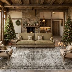 a living room filled with furniture and christmas trees