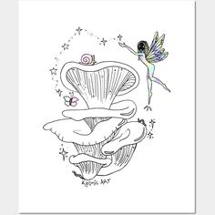 a black and white drawing of a mushroom with a fairy on it