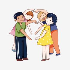 four people are standing in a circle with their hands together