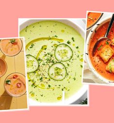 four different pictures of soups with cucumbers in them