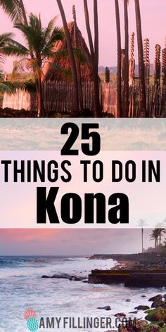 the beach with palm trees and text overlay that reads 25 things to do in kona