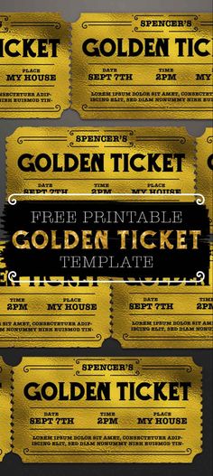 gold ticket templates with black and white text on them, all in different styles