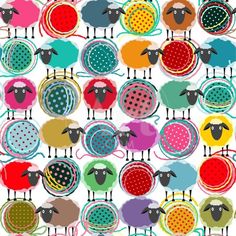 a bunch of colorful sheep standing next to each other on a white background with polka dots