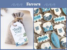 cookies decorated with blue and white icing are displayed next to a bag of favors