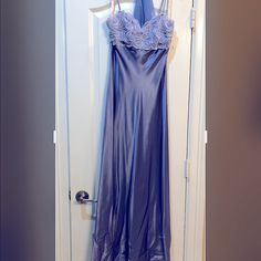 Never Worn! Beautiful, Shimmering Periwinkle Silk Satin Formal Gown With Sparkling Detailed Bodice, Spaghetti Straps & Chiffon Shawl Wrap Size 9/10 Elegant Blue Gown For Wedding Night, Satin Formal Gown, Long Gowns, Chiffon Shawl, Formal Gown, Shawl Wrap, Long Gown, Formal Gowns, Costume Design