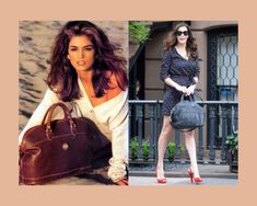 a woman carrying a brown purse next to a photo of a woman with red shoes