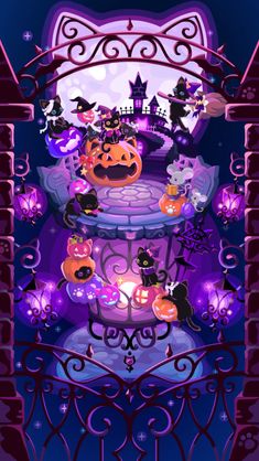 an animated halloween scene with pumpkins, cats and witches on the top of a tower