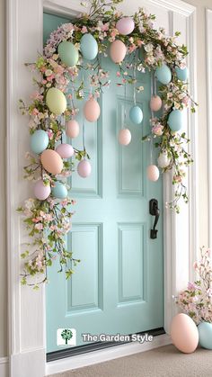 an easter door decoration with eggs and flowers