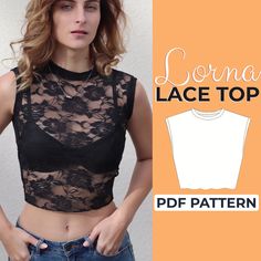 a woman wearing a black lace top with her hands on her hips and the words, lorna lace top