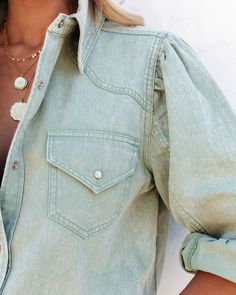 Jiana Distressed Denim Button Down Top - Seafoam – InsStreet Clear Strap Heels, Mini Necklace, Wardrobe Needs, California Casual, Pocket Light, Denim Button Down, Spring Wardrobe, Coin Necklace, Distressed Denim