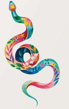 a painting of a colorful snake with flowers on it's tail and the letter s painted in bright colors