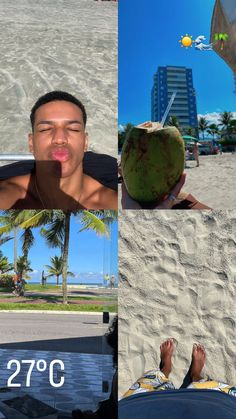 a collage of photos with people on the beach and palm trees in the background