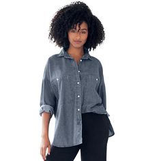 This classic denim “big shirt” doubles your style: wear it layered over a tank or tee, or solo, buttoned-up over your favorite pants or leggings. Lush cotton denim washed to an incredible softness. Western Denim Shirt, Thermal Sweater, Big Shirt, Womens Scrubs, Sweater Tank Top, Boyfriend Shirt, Sweater Blouse, Shop Blouses, Denim Shirt