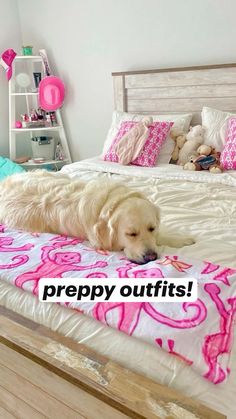 a dog laying on top of a bed with pink and white comforter next to it