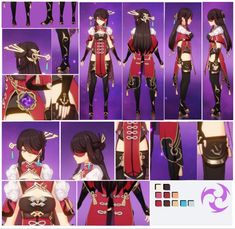 an anime character with many different outfits and hair styles, including long black hair, wearing red