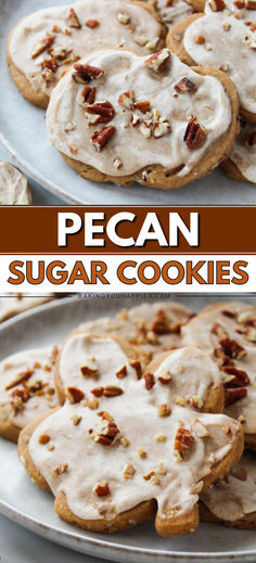 pecan sugar cookies with white icing on a plate