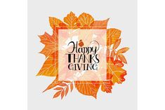 an orange and white frame with leaves on it that says happy thanks giving in black lettering