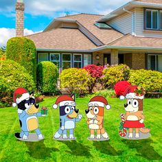 cartoon characters are standing in front of a house with christmas decorations on their lawns