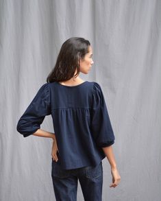 "This top is made from a soft, cotton jersey. The yoke and high back have lines stitching and the body is gathered and roomy. The sleeves are gathered and full. Pair with high waist jeans or skirt. S I Z I N G The measurements below are your measurements. Bust- around full bust (not bra size) Waist- smallest part of waist. extra small- bust 32\" waist 25\" small- bust 34\" waist 27\" medium- bust 36\" waist 29\" large- bust 38\" waist 31\" extra large- bust 40\" waist 33\" length- 23\" Model mea Smock Top, Waist Jeans, Large Bust, Etsy Fashion, Small Bust, Bra Sizes, High Waist Jeans, Smocking, Modern Style