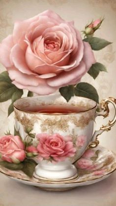 a painting of a pink rose in a tea cup with saucer and saucer