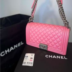 Chanel ~ Pink Medium Boy Bag/ Silver Detailing Pristine & Excellent Condition Included With Dust Bag & Box Tags, Qr Code Stickers Still On Detailing Code Stickers, Chanel Pink, Bag Silver, Pink Chanel, Chanel Bags, Qr Code, Dust Bag, Chanel, Bag Lady