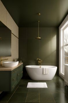 a bathroom with a large tub and two sinks