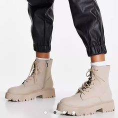 New With Tags. 7.5 Comes In Box Beige Leather Ankle Combat Boots, Beige Lace-up Boots With Cushioned Footbed, Beige Lace-up Combat Boots For Winter, Spring Beige Lace-up Combat Boots, Winter Beige Lace-up Boots With Lug Sole, Bershka Shoes, Heeled Combat Boots, Tan Booties, Side Zip Boots