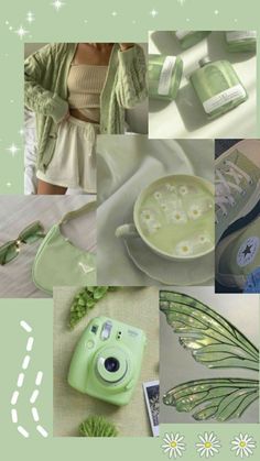 a collage of green items including a camera, cup, and other things to make it look like a butterfly