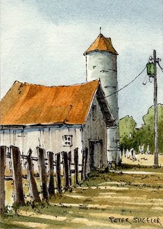 a watercolor painting of an old barn with a rusted roof and a tall tower