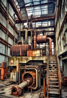 an old factory with stairs leading up to the ceiling and pipes running down it's walls