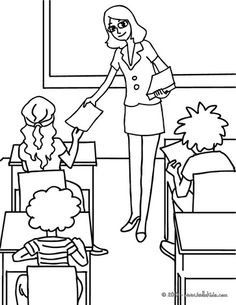 a teacher is teaching her students in the classroom coloring pages for kids, with black and white