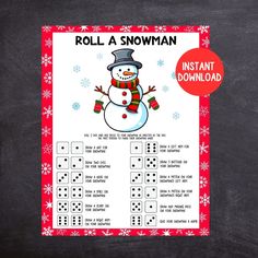 roll a snowman printable game on a blackboard with red and white background