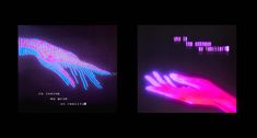 three different images of hands with neon lights in the middle and on the left, an image of a person's hand holding something