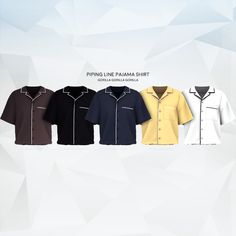 five different colored shirts with short sleeves and collars, all lined up against a white background