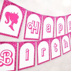 pink and white birthday banner with princess silhouettes