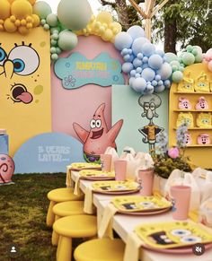 a table set up for a spongebob birthday party