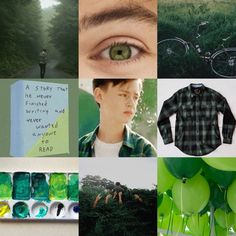 a collage with green and black pictures, trees, people's eyes, an eyeball