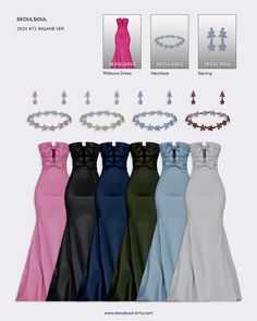 six different colored dresses and bracelets with cross charms on each one, all in various colors